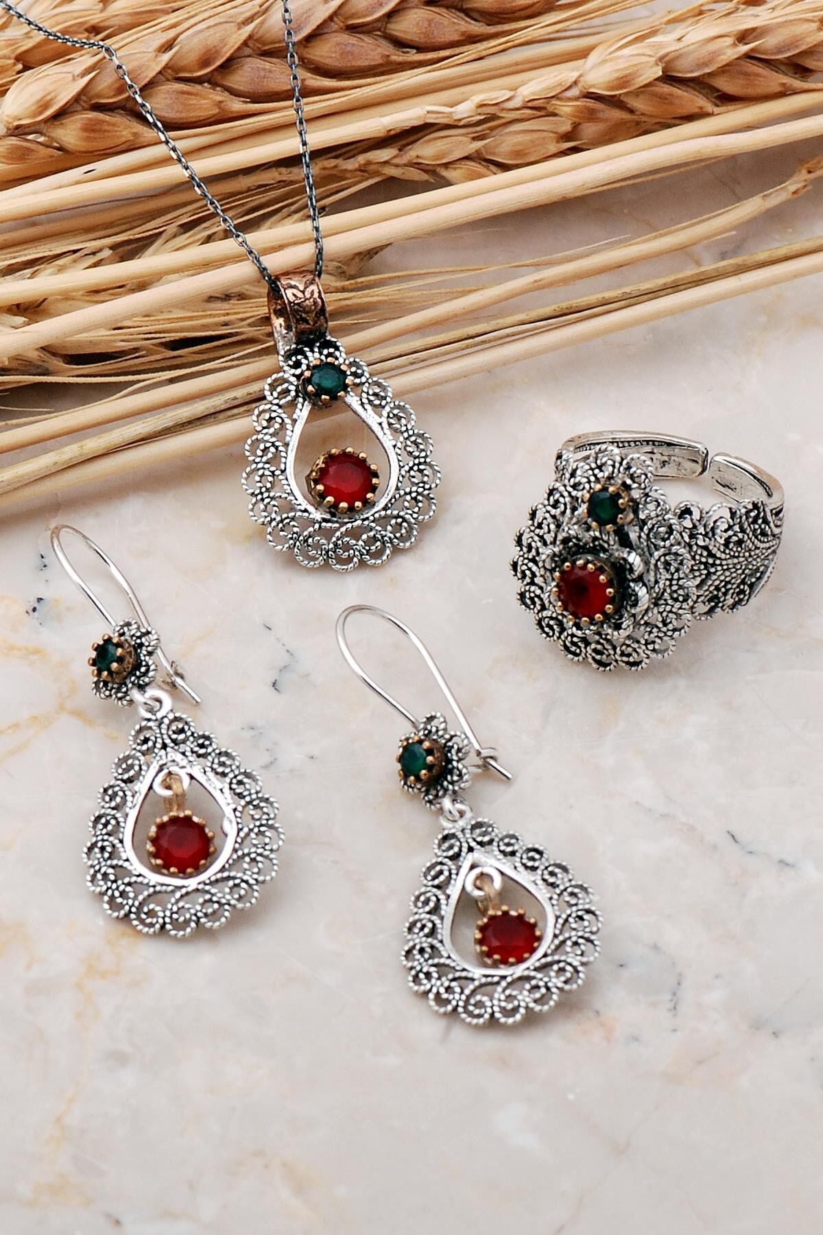 Kök Yakut Taşlı Telkari Elişi Damla Gümüş Set 2382