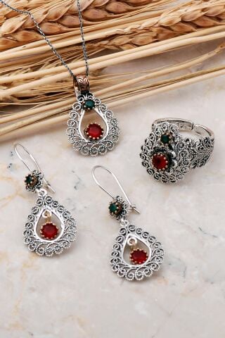 Kök Yakut Taşlı Telkari Elişi Damla Gümüş Set 2382