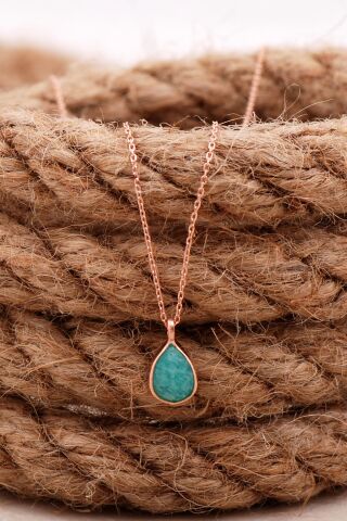 Doğal Amazonit Taşlı Damla Mini Rose Gümüş Kolye 7758