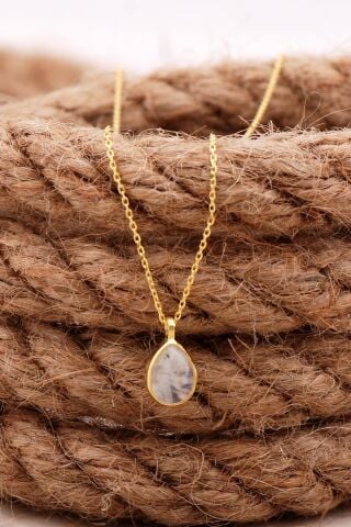 Doğal Ay Taşlı Damla Mini Altın Yaldızlı Gümüş Kolye 7759