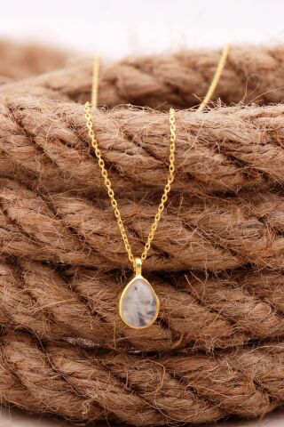 Doğal Ay Taşlı Damla Mini Altın Yaldızlı Gümüş Kolye 7759