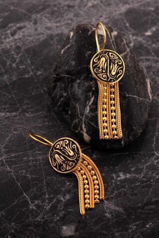 Laleli Gümüş Altın Kaplama Midyat Hasırı Mineli Küpe 7256