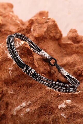 Üçlü Kazaziye İşlemeli Tasarım 20 cm Eskitme Gümüş Erkek Bileklik 4608