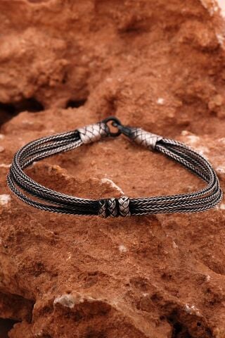 Üçlü Kazaziye İşlemeli Tasarım 20 cm Eskitme Gümüş Erkek Bileklik 4608