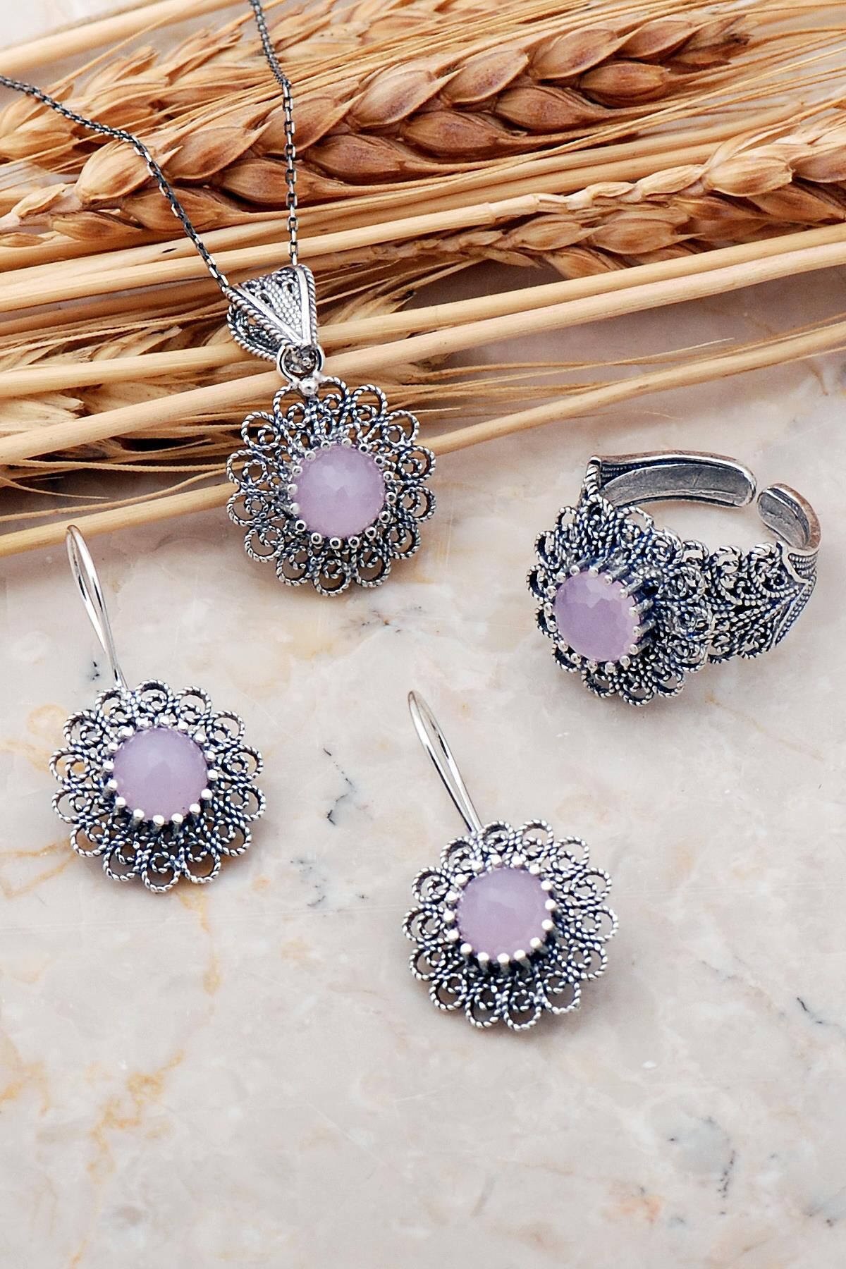 Pembe Kuvars Taşlı Telkari Elişi Gümüş Set 2386