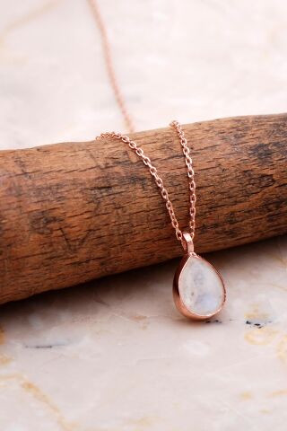 Doğal Ay Taşlı Damla Mini Rose Gümüş Kolye 7761