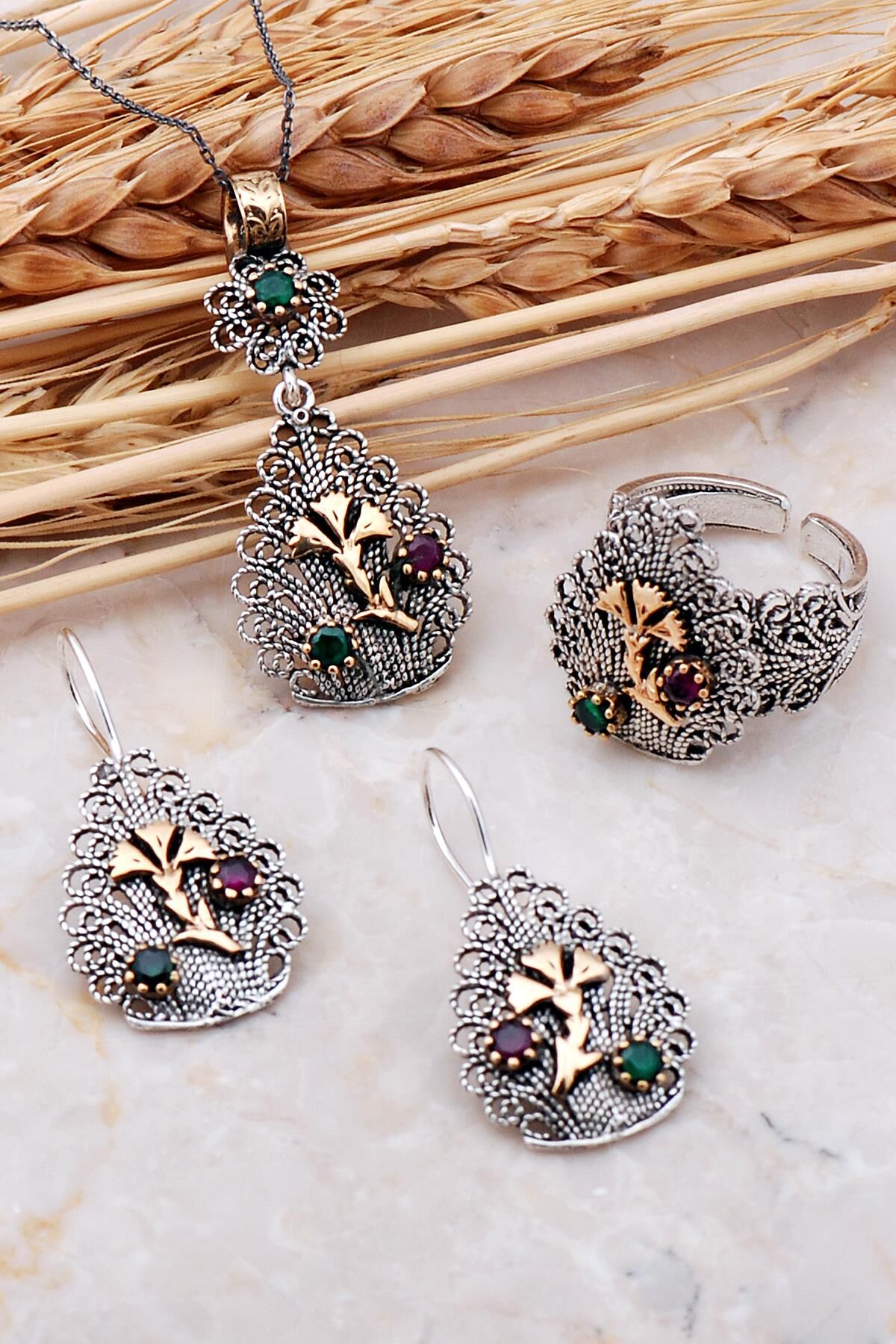 Karanfilli Damla Telkari Elişi Gümüş Set 2388