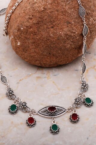 Telkari İşlemeli Elişi Kök Yakut Ve Kök Zümrüt Taşlı Tasarım Gümüş Kolye 7921