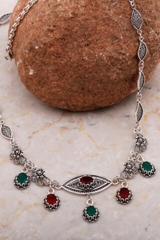 Telkari İşlemeli Elişi Kök Yakut Ve Kök Zümrüt Taşlı Tasarım Gümüş Kolye 7921