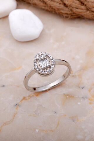 Baget Oval Rodyumlu Gümüş Yüzük 3644