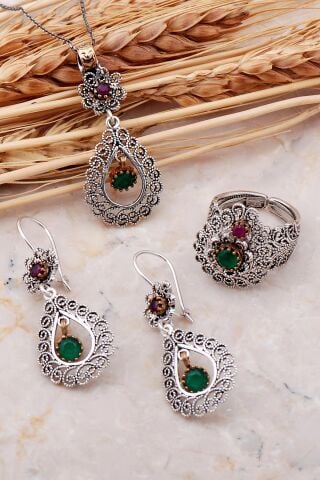 Kök Zümrüt Taşlı Telkari Elişi Damla Gümüş Set 2390