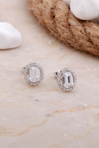 Baget Oval Rodyumlu Gümüş Küpe 5812