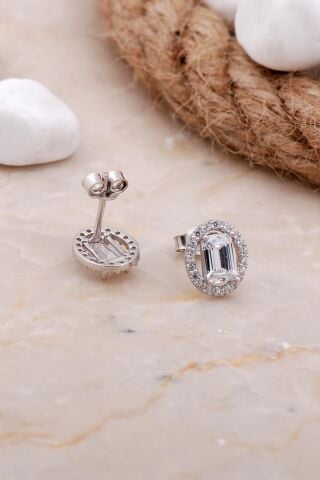 Baget Oval Rodyumlu Gümüş Küpe 5812