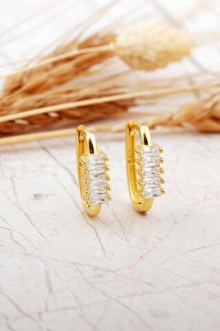 Baget Taşlı Oval Orta Boy Altın Kaplama Gümüş Küpe 7259