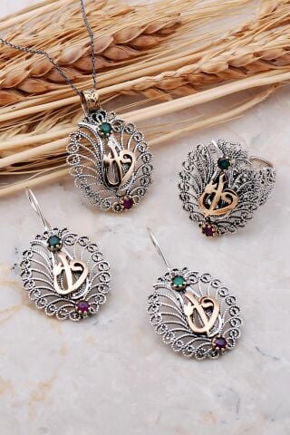 Elif Vav Laleli Telkari Elişi Gümüş Set 2392