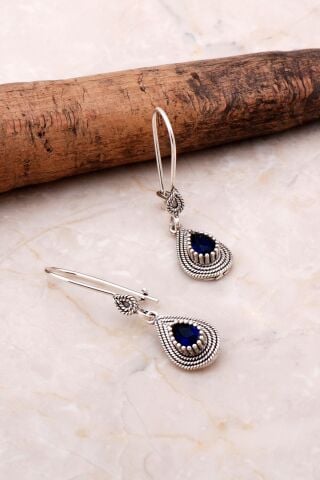 Telkari İşlemeli Elişi Gümüş Safir Küpe 5068