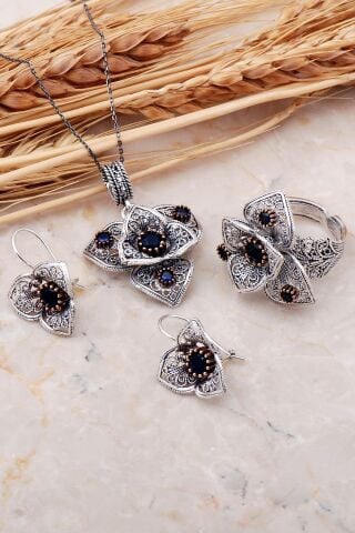 Açelya Çiçeği Safir Taşlı Telkari Elişi Gümüş Set 2393