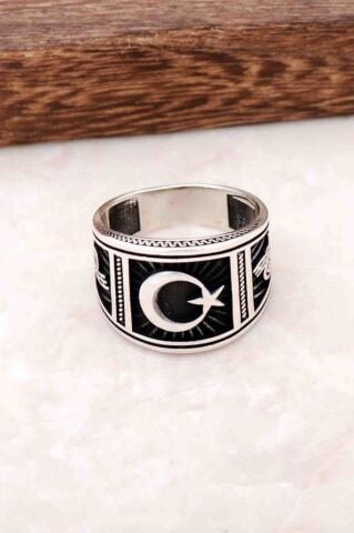Ay Yıldız ve Osmanlı Tuğralı Gümüş Erkek Yüzük 702