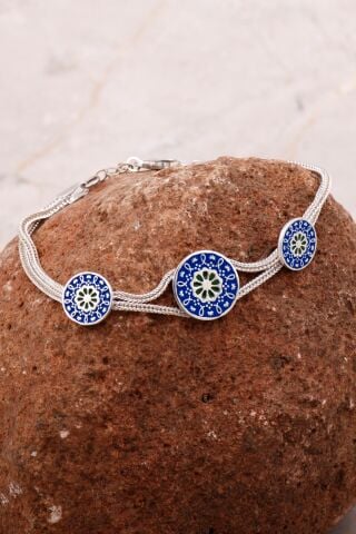 Anadolu Motifli Mineli Elişi Hasır Gümüş Bileklik 4287