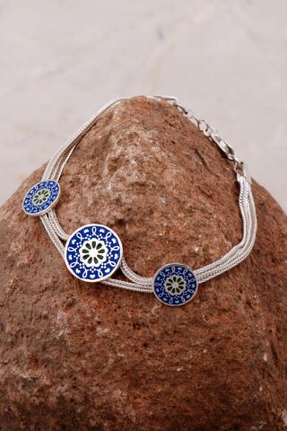 Anadolu Motifli Mineli Elişi Hasır Gümüş Bileklik 4287