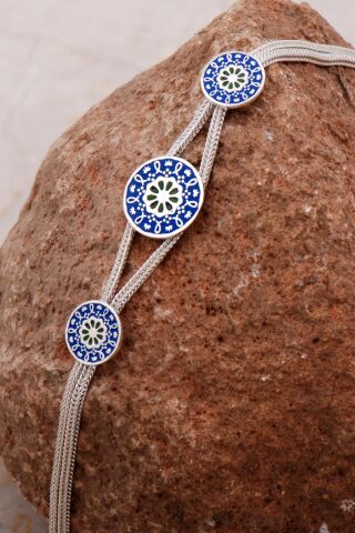 Anadolu Motifli Mineli Elişi Hasır Gümüş Bileklik 4287