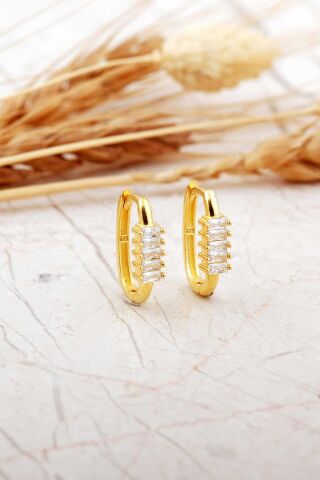 Baget Taşlı Oval Küçük Boy Altın Kaplama Gümüş Küpe 7261