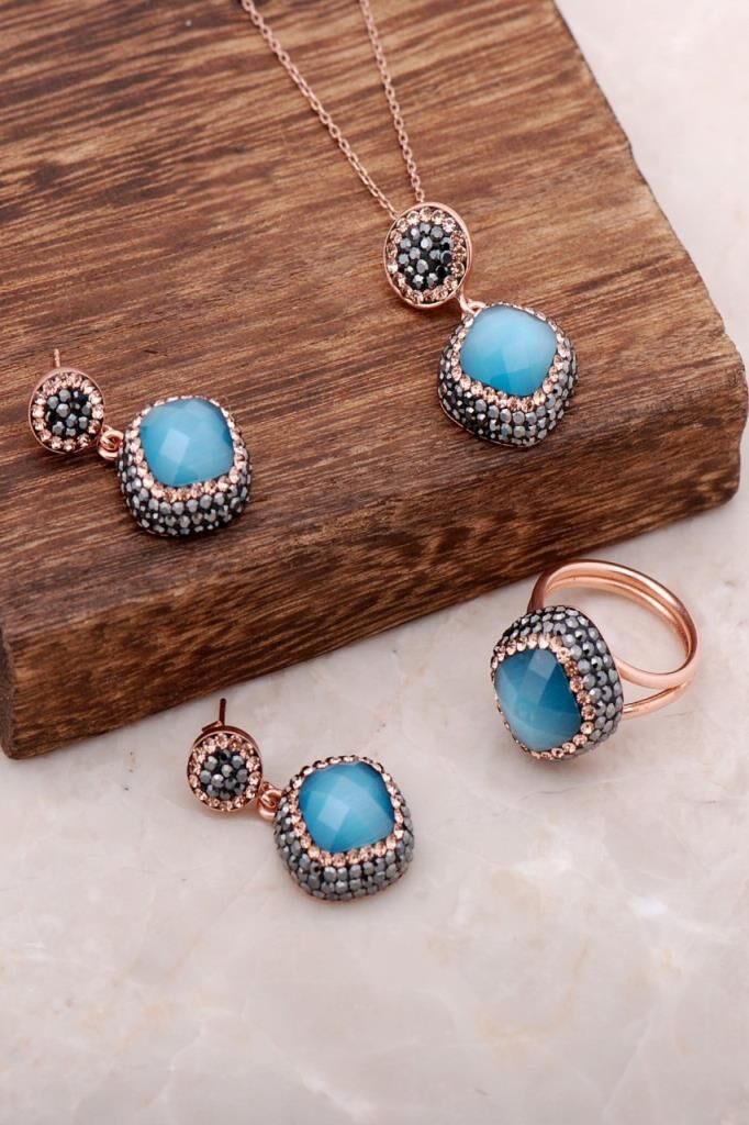 Mavi Opal Taşlı Rose Gümüş Elişi Tasarım Set 1950