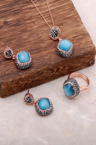 Mavi Opal Taşlı Rose Gümüş Elişi Tasarım Set 1950