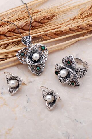 Açelya Çiçeği İnci Taşlı Telkari Elişi Gümüş Set 2395