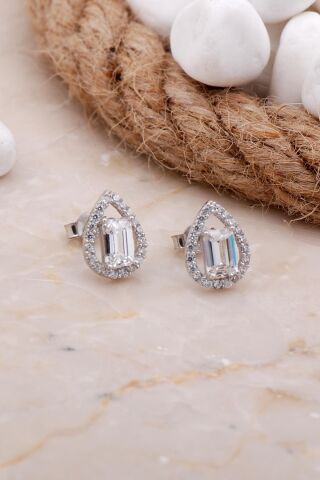 Baget Damla Rodyumlu Gümüş Küpe 5818