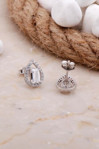 Baget Damla Rodyumlu Gümüş Küpe 5818