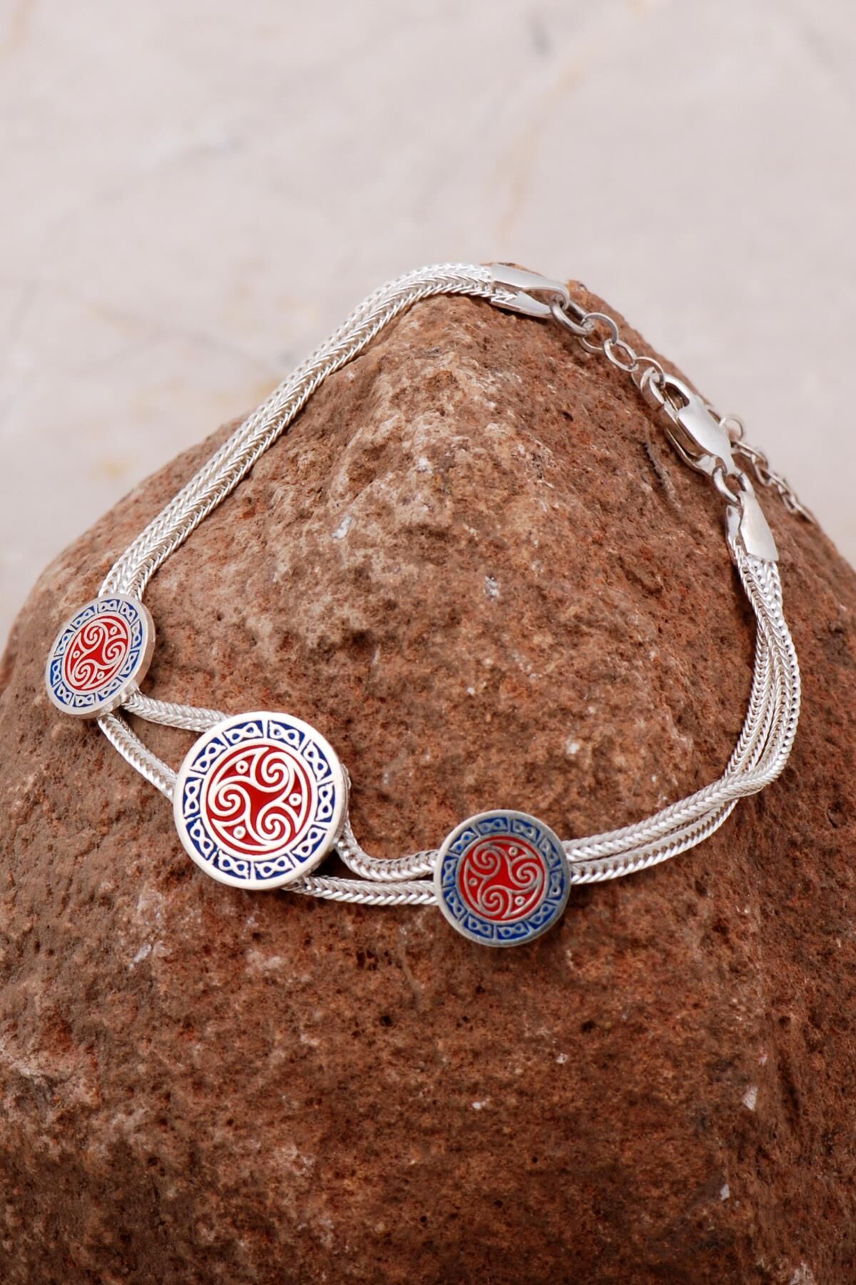 Desenli Mineli Elişi Hasır Gümüş Bileklik 4290