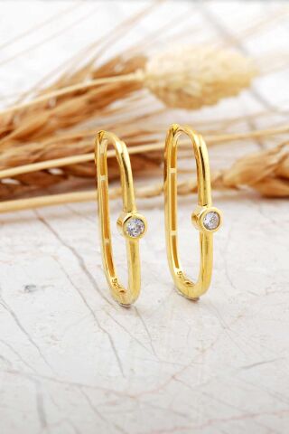 Oval Tektaş Altın Kaplama Gümüş Küpe 7262