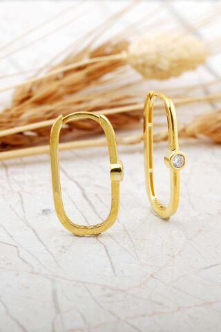 Oval Tektaş Altın Kaplama Gümüş Küpe 7262