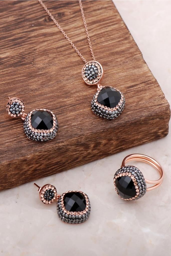 Siyah Onix Taşlı Rose Gümüş Elişi Set 1951