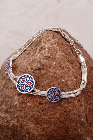 Anadolu Motifli Mineli Elişi Hasır Gümüş Bileklik 4291