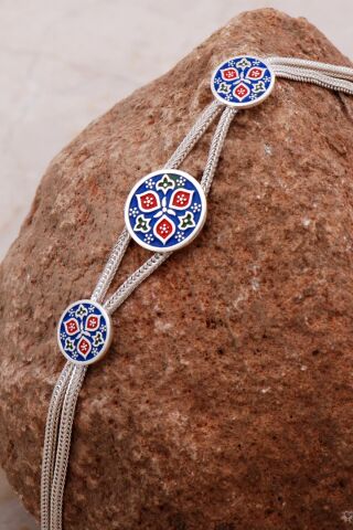 Anadolu Motifli Mineli Elişi Hasır Gümüş Bileklik 4291