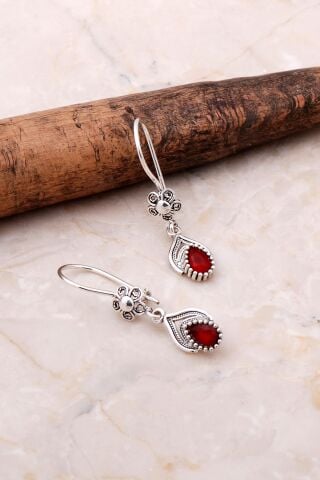 Telkari İşlemeli Elişi Gümüş Kök Yakut Küpe 5074