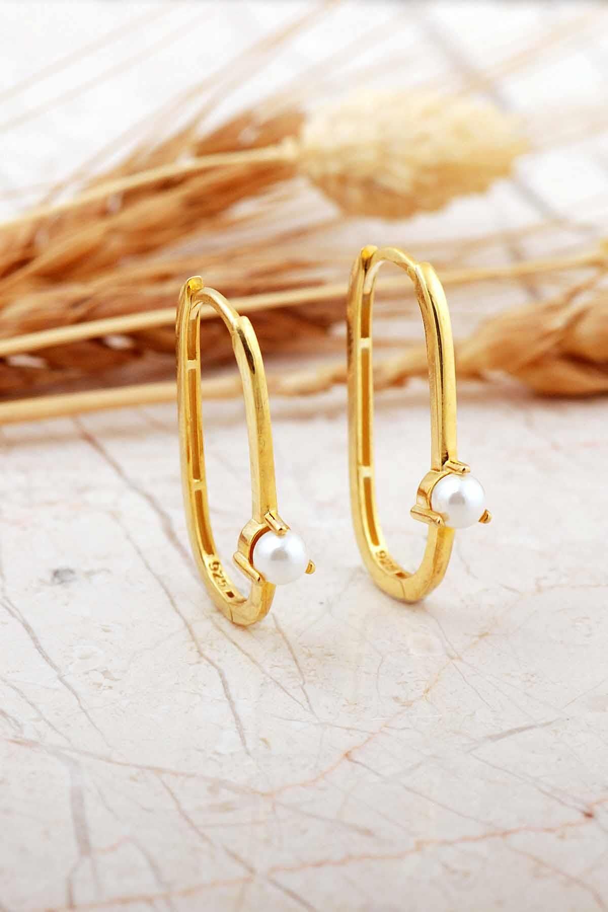 Oval İncili Altın Kaplama Gümüş Küpe 7263