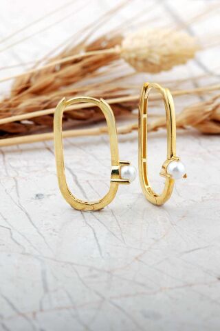 Oval İncili Altın Kaplama Gümüş Küpe 7263