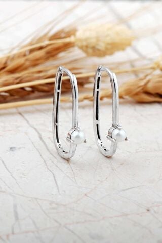 Oval İncili Rodyumlu Gümüş Küpe 7264