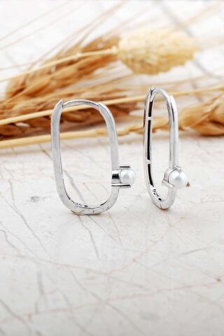 Oval İncili Rodyumlu Gümüş Küpe 7264