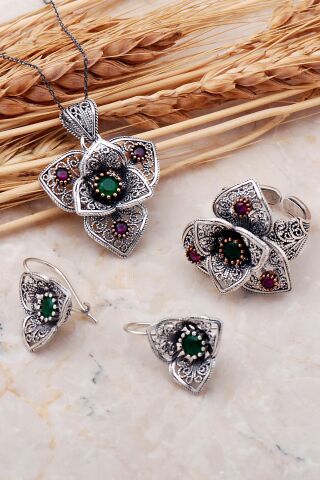Açelya Çiçeği Kök Zümrüt Taşlı Telkari Elişi Gümüş Set 2399