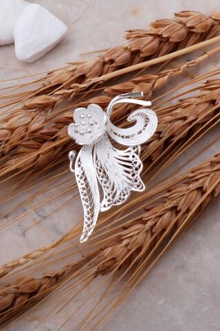 Çiçekli Tasarım Telkari Elişi Gümüş Broş 338