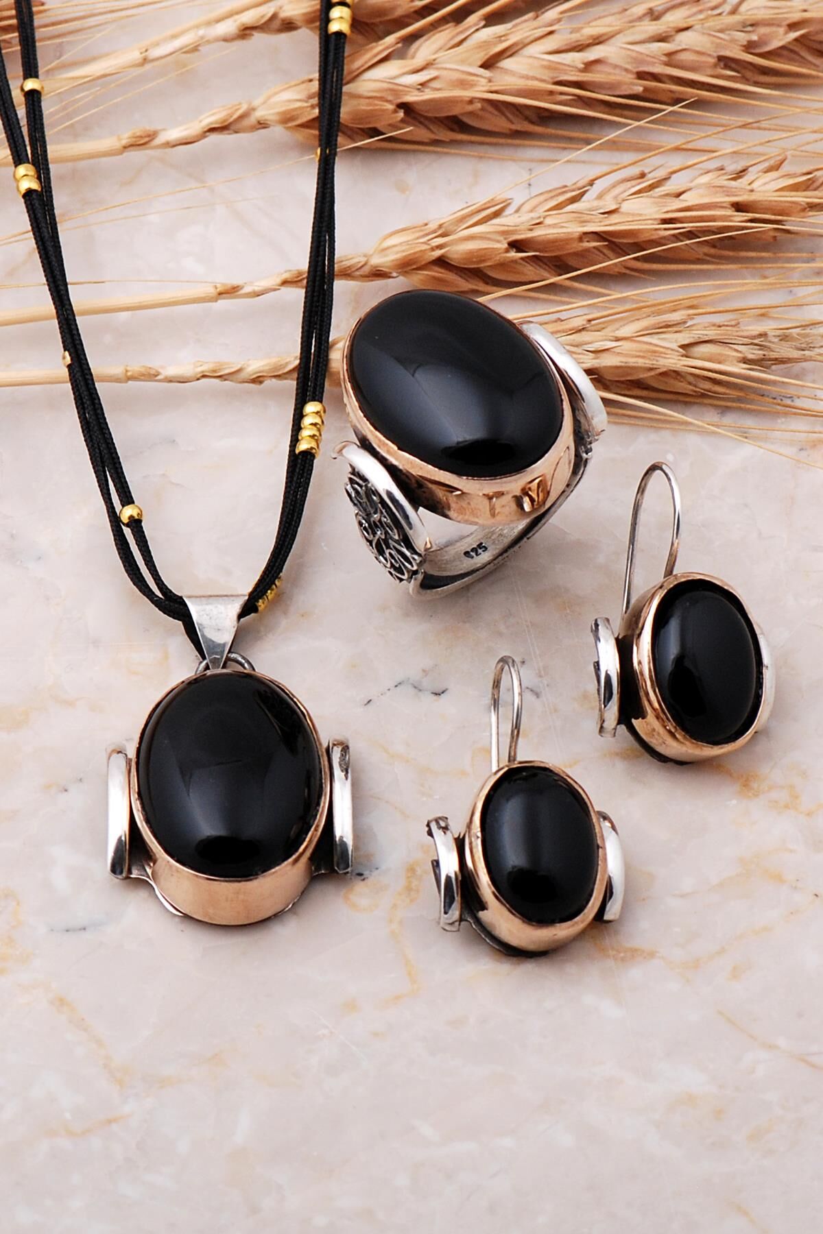 Oltu Taşlı Çekiç Dövme El Yapımı Gümüş Set 1027