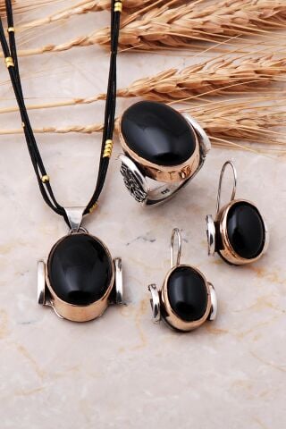 Oltu Taşlı Çekiç Dövme El Yapımı Gümüş Set 1027