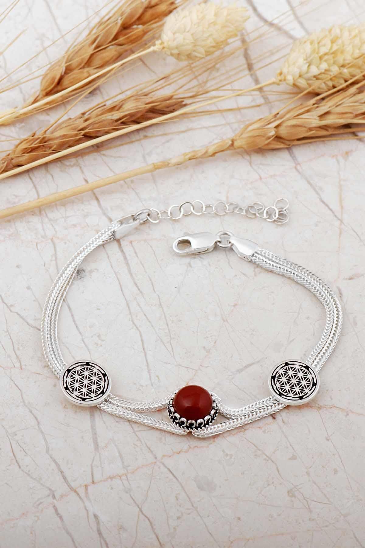 Midyat Hasırı Akik Taşlı Yaşam Çiçeği Gümüş Bileklik 4791