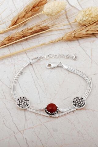 Midyat Hasırı Akik Taşlı Yaşam Çiçeği Gümüş Bileklik 4791
