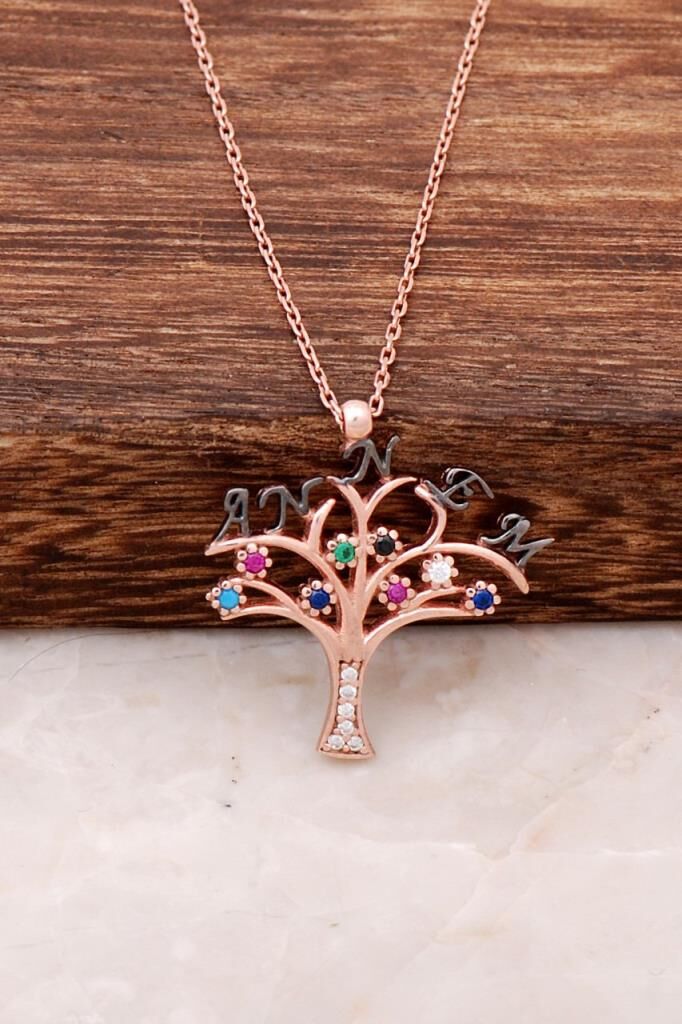 Annem Yazılı Dilek Ağacı Ros Gümüş Kolye 2401