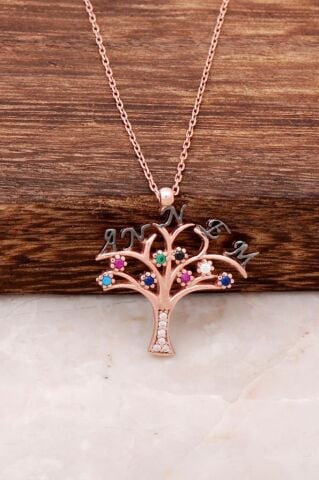 Annem Yazılı Dilek Ağacı Ros Gümüş Kolye 2401